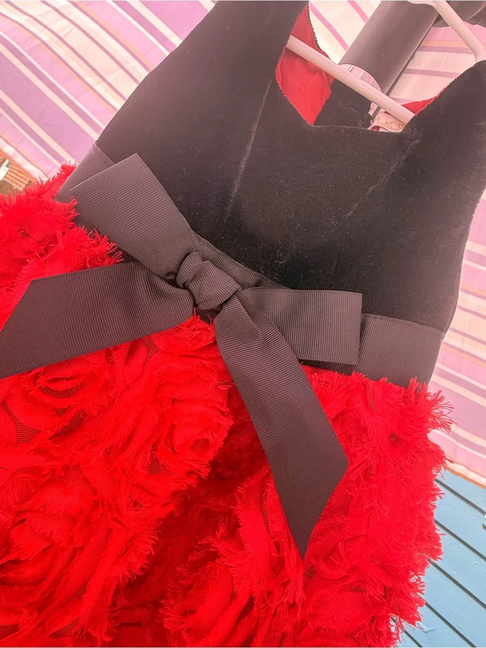 Red Floral Rosette Party Dress with Black Bodice and Bow - girls’ size 3t